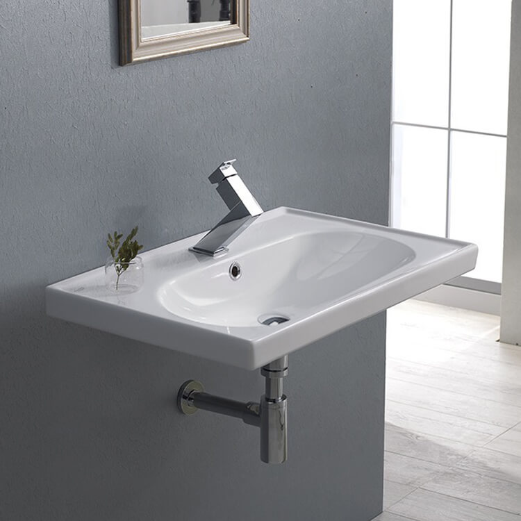 CeraStyle 043100-U-One Hole Rectangular White Ceramic Wall Mounted or Drop In Bathroom Sink